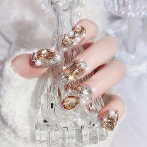 NEW Sparkling Bling Crystal Topaz Gems Glitter Press On False Nails +Gift